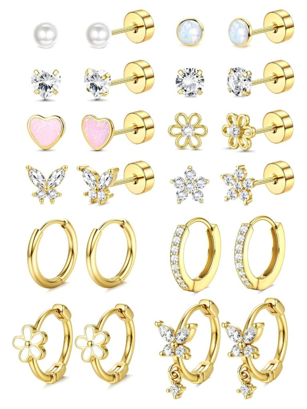 Hypoallergenic Flat Back Stud Hoop Earrings 14K Gold Plated Surgical Steel